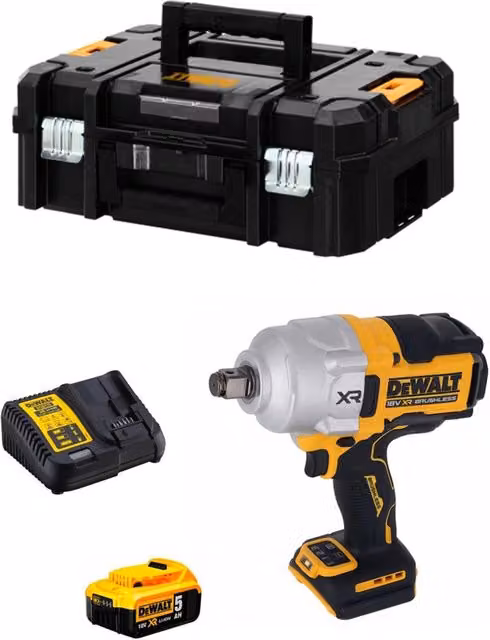 Avvitatore ad impulsi DeWALT DCF964P1T giallo con batteria ricaricabile da 5,0 Ah, caricabatterie DCB115 e sistema TSTAK II
