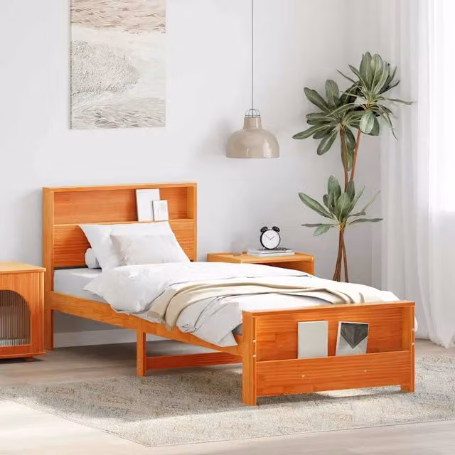 Letto in legno di pino con scaffale integrato vidaXL, Marrone cerato, 90 x 200 cm – 1
