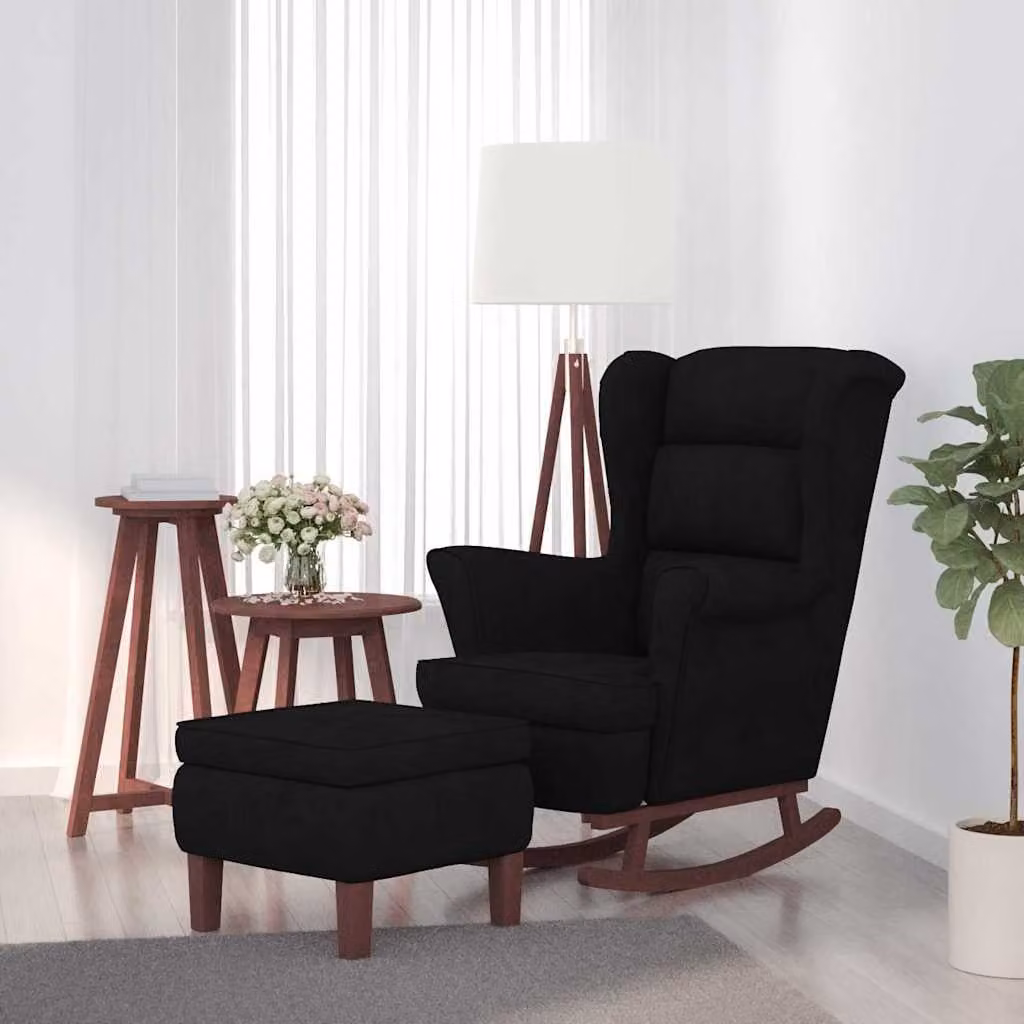 Sedia a dondolo con schienale alto in velluto nero e pouf vidaXL con struttura in legno massiccio – 1