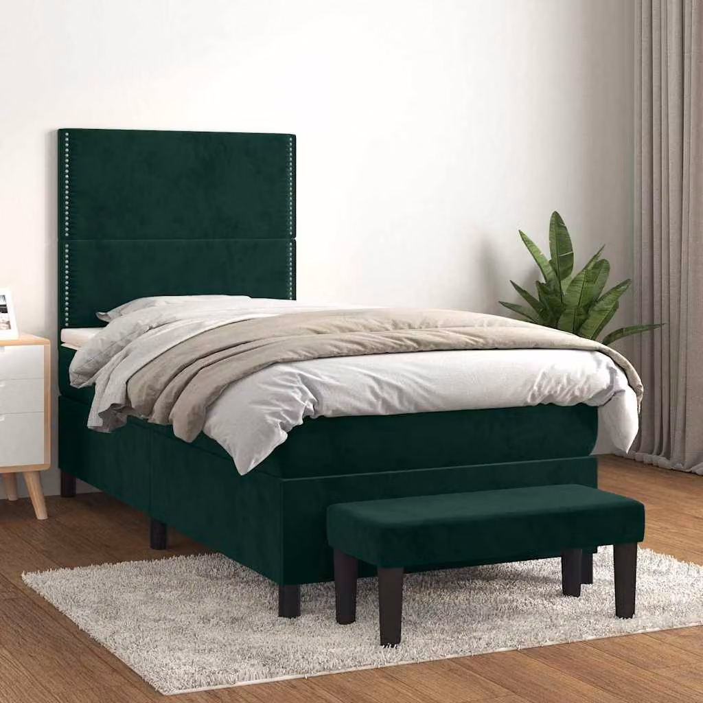vidaXL Letto Ibrido con Giroletto a Molle e Materasso in Velluto Verde Scuro, L/P/H: 90 x 200 x 128 cm