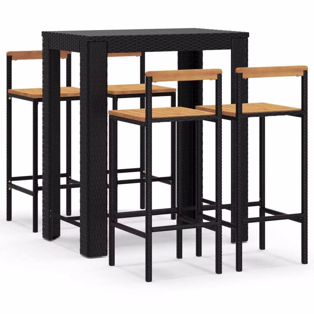Set Bar Giardino 5 pz Nero Polyrattan e Legno Massello Acacia