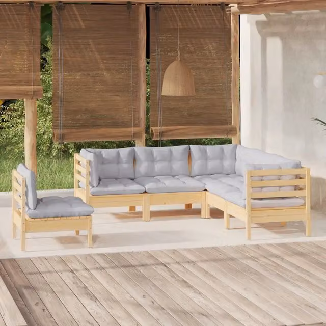 Set Divani da Giardino 5 pz con Cuscini Grigi Massello di Pino 3096405