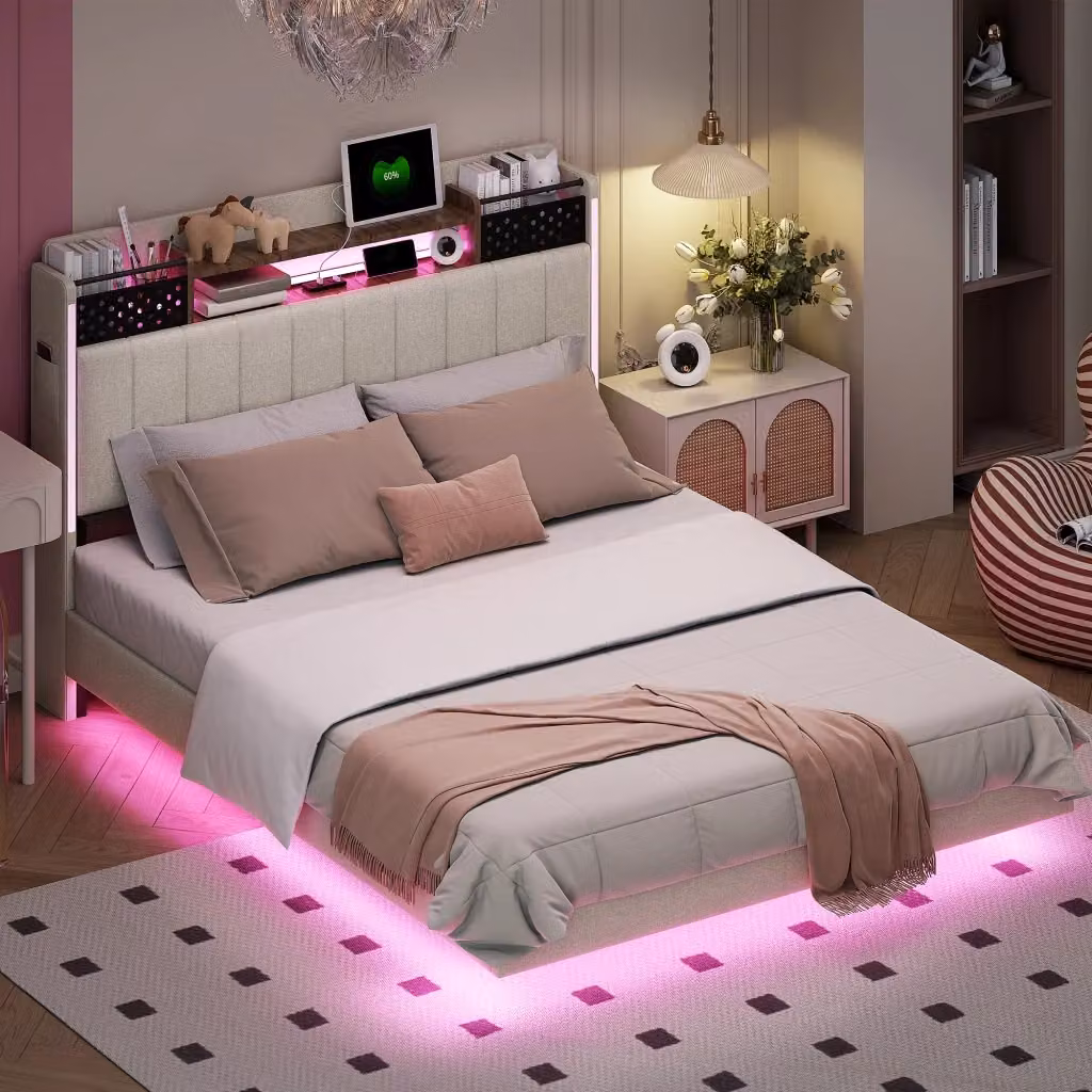 Letto matrimoniale imbottito OKWISH beige con illuminazione LED, porta USB e vano testiera con ripiani, L/P: 140 x 200 cm – 2