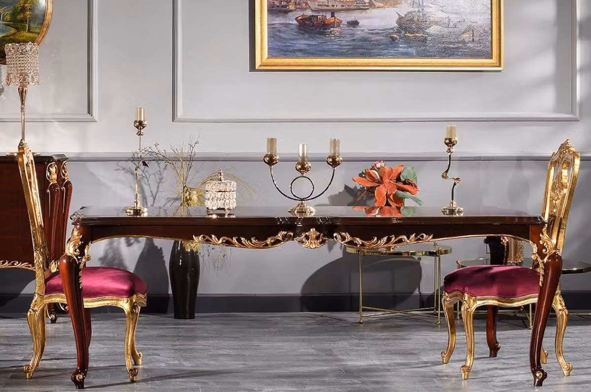 Casa Padrino tavolo da pranzo barocco marrone scuro/oro 238 x 118 x h. 81 cm - Sontuoso tavolo da cucina - Tavolo da pranzo in legno massiccio - Mobili da sala da pranzo barocchi