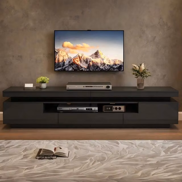 Mobile TV Minimal per soggiorno nero lucido con LED, 2 ante e 1 cassetto, L: 175 cm, P: 38 cm, H: 45 cm – 1