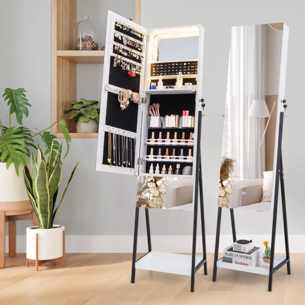 Armadio portagioie Design Mania con specchio lungo e luci LED a 3 colori, Bianco, H: 166 cm, L: 41 cm, P: 35 cm – 2