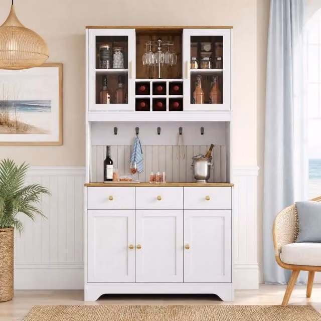 Credenza alta con 5 ante; 3 cassetti e vani a vista; 94;5 x 30 x 175;5 cm; bianco effetto legno