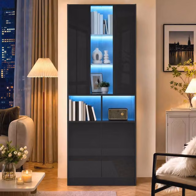 Armadio alto nero con doppie ante, inserto in acrilico, illuminazione LED controllabile via app, ripiani regolabili - 70x35x180 cm
