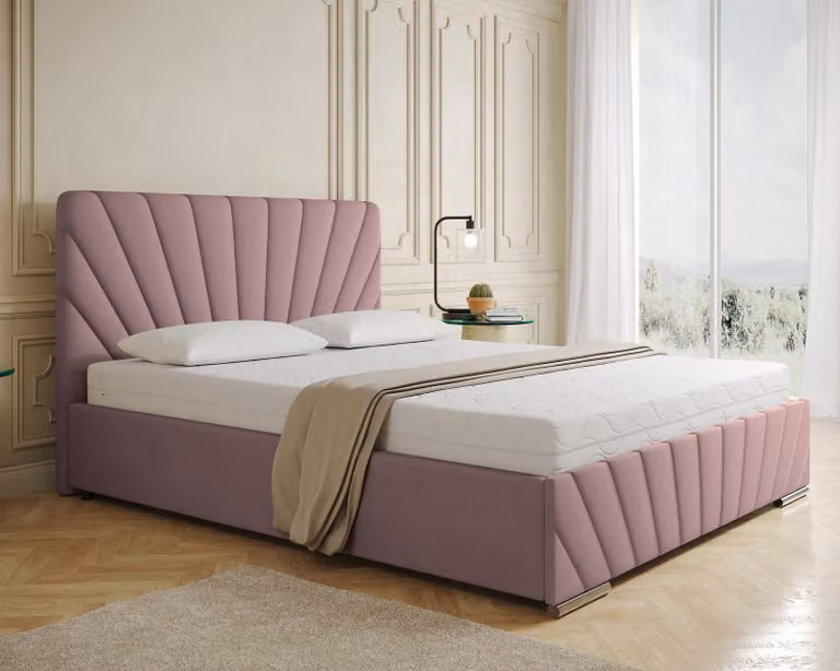 Letto imbottito RAY - Letto comfort con contenitore, letto matrimoniale, rosa, 160x200 cm, materasso a molle insacchettate con strato in fibra di cocco, H3
