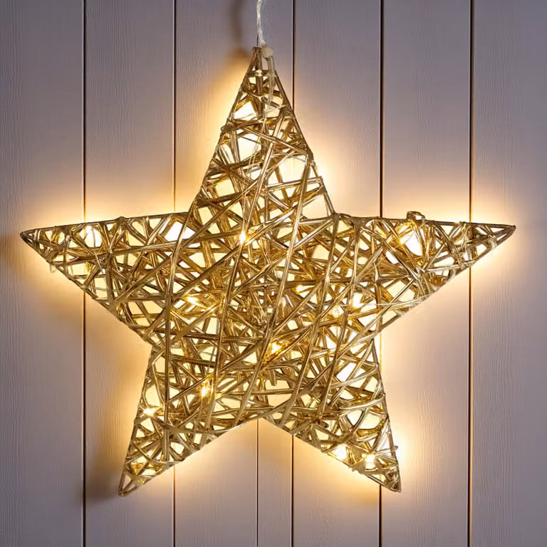 Stella illuminata 30 cm con nastro dorato avvolto bianco caldo con timer - 20 LED - Decorazione natalizia luminosa da appendere a batteria