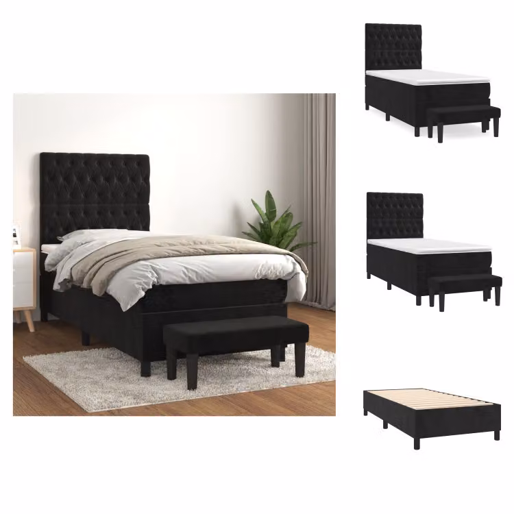 vidaXL Letto a molle con materasso nero 90x190 cm in velluto - Letti & Reti