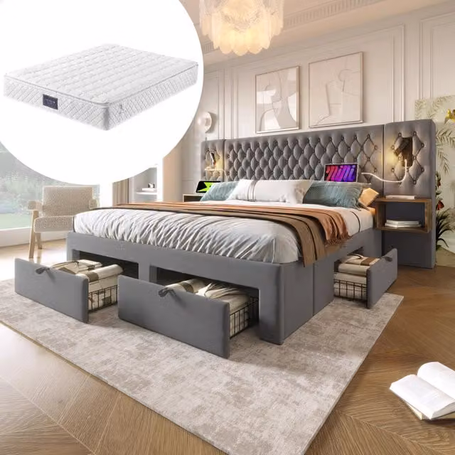 Letto matrimoniale 160 × 200 cm con materasso in velluto grigio 4 cassetti comodini luci USB e Type C
