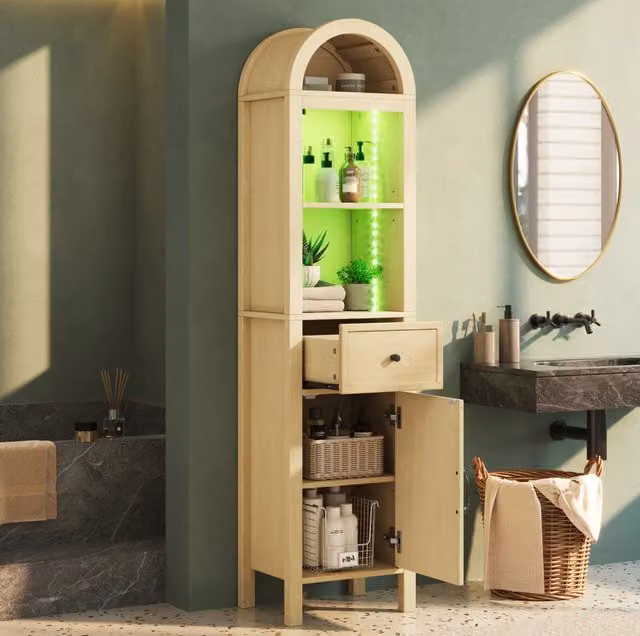 Mobile bagno alto 163 cm con LED RGB, ante reversibili, cassetto, chiusura ammortizzata, colore legno naturale, 40×30×163 cm