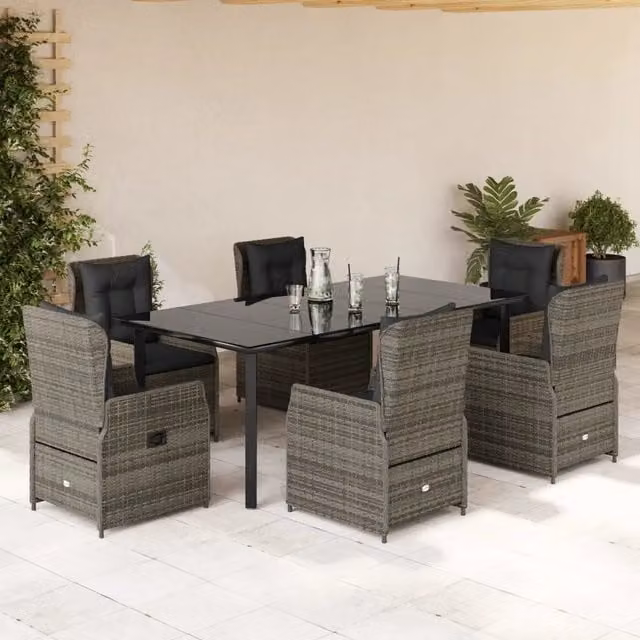 Set da pranzo da giardino vidaXL in polyrattan grigio e nero con tavolo in vetro e 7 pezzi