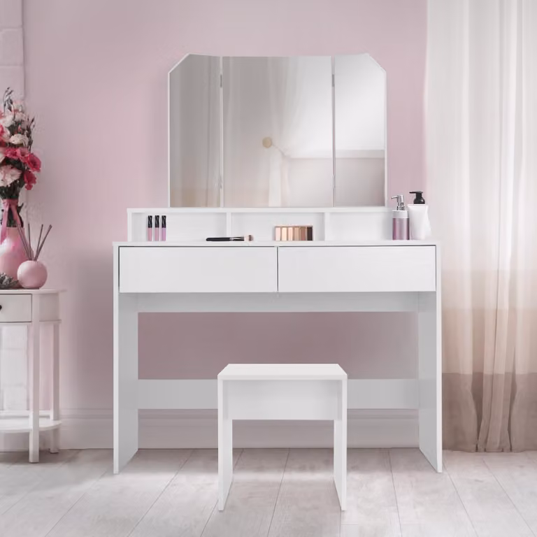 ML-Design tavolino da toilette bianco con sgabello, tavolino da toilette con specchio pieghevole a 3 pezzi e 2 cassetti, 100x40x140 cm, tavolino cosmetico con 3 scomparti aperti