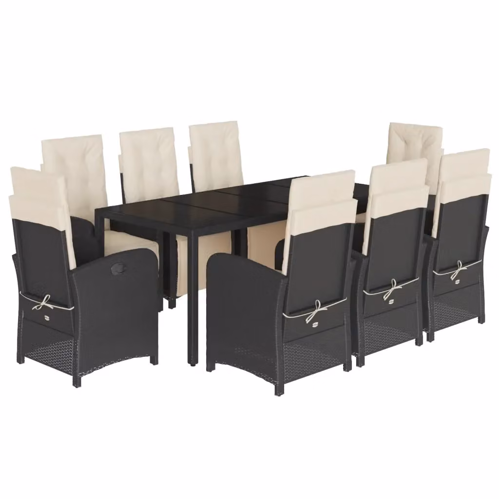 Set da Pranzo da Giardino vidaXL 9 pz in Polyrattan Nero con Cuscini e Tavolo in Vetro – 2