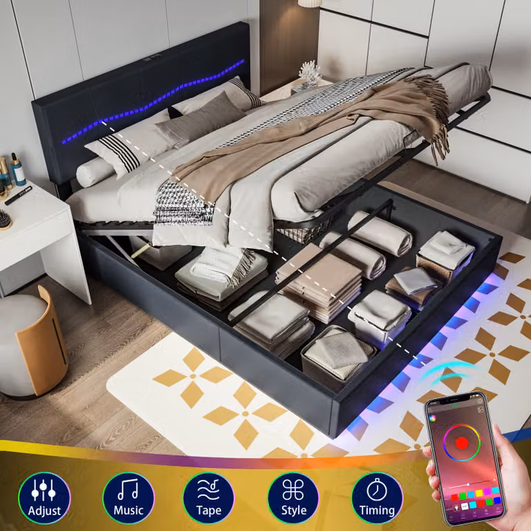 Letto imbottito ProximaX 160x200cm, letto matrimoniale per ragazzi con interfaccia di ricarica USB e tipo C, illuminazione LED, rete a doghe e giroletto in nero