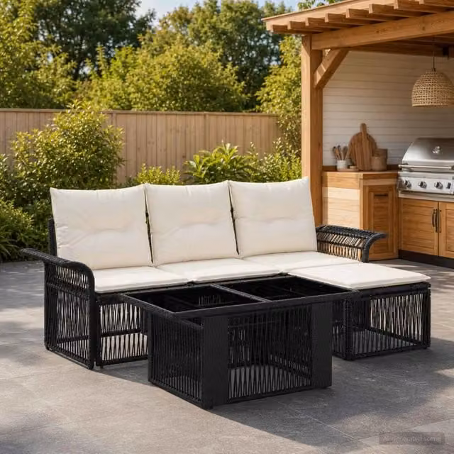 Set Divano da Giardino a L con Polyrattan e Cuscini vidaXL, 5 Pezzi, Nero e Bianco Crema – 1