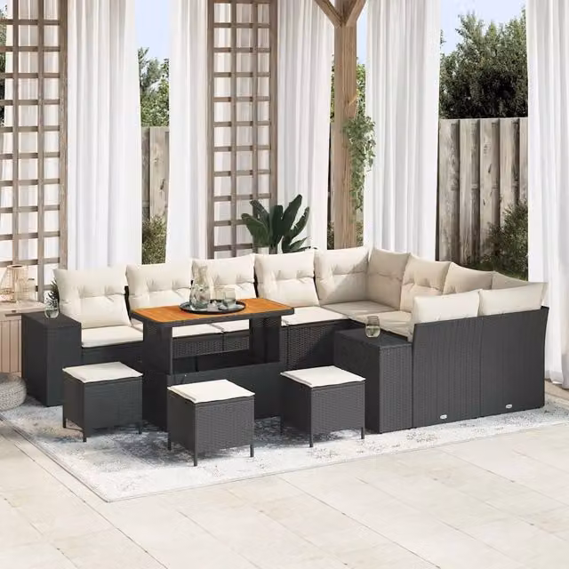 Set Divano da Giardino vidaXL 13 Pezzi in Polyrattan Nero e Beige con Cuscini e Tavolino da Caffè
