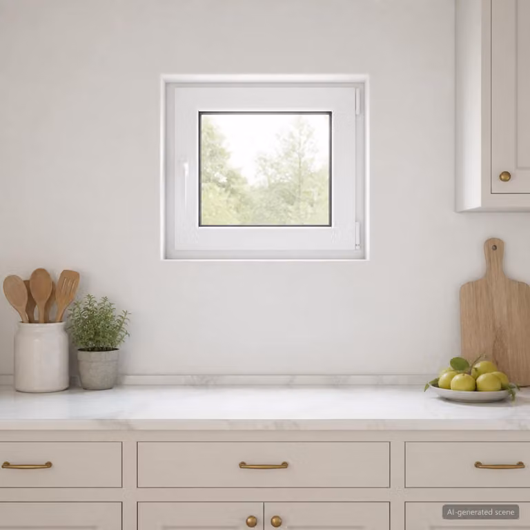 Finestra per seminterrato vidaXL a triplo vetro con apertura a battente e controvento, plastica bianca e vetro trasparente, L: 60 cm, H: 55 cm, P: 5.5 cm