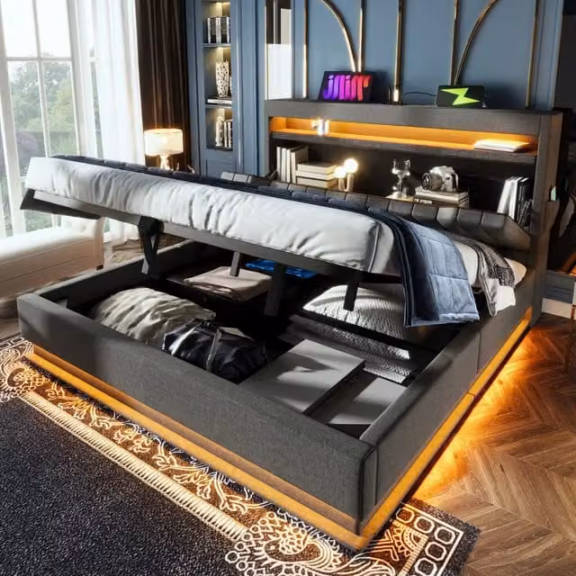 Letto matrimoniale 180x200 contenitore con apertura idraulica; luci LED; testiera in lino grigio