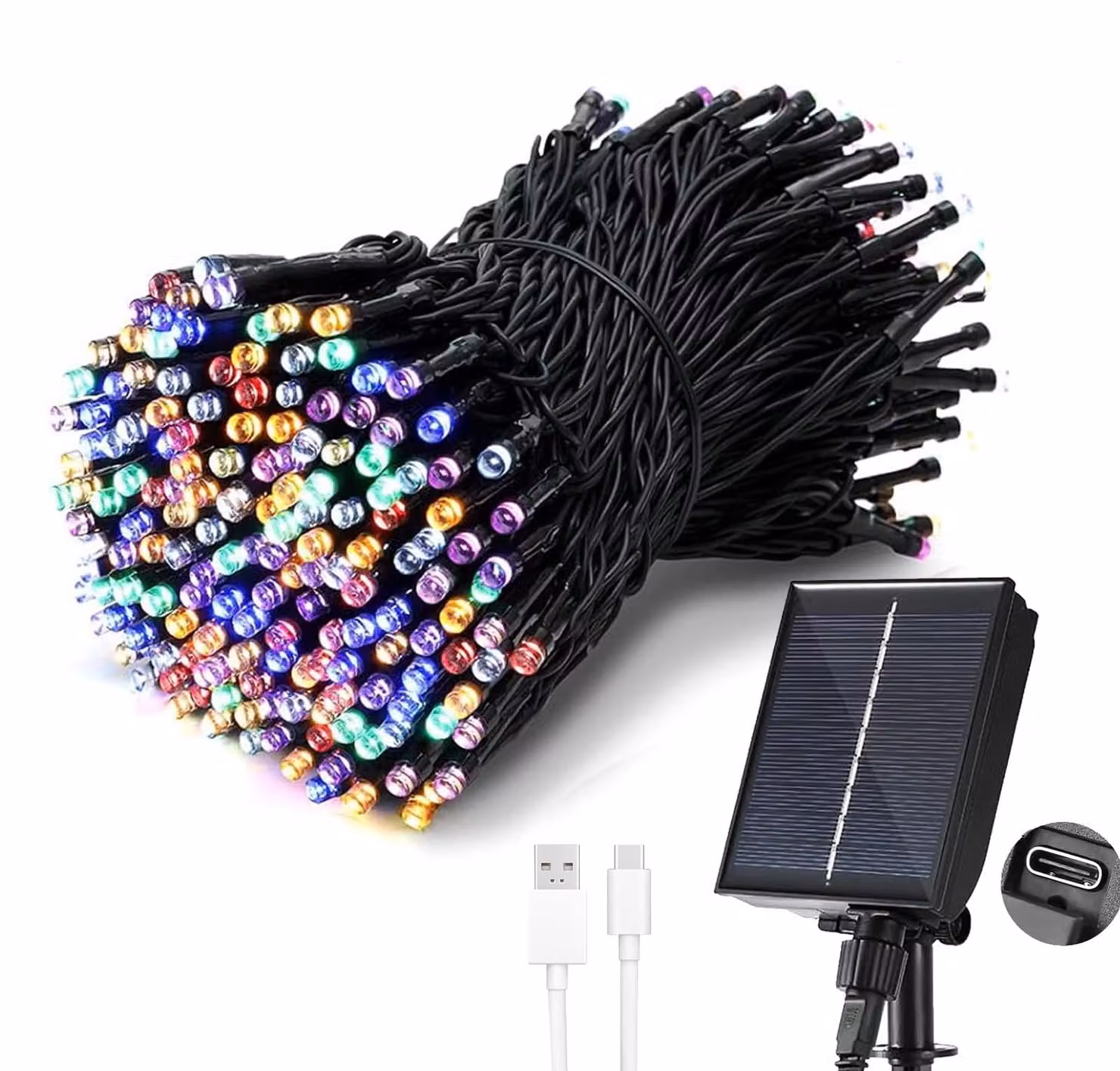 Catena luminosa solare da 20 metri, con 200 LED colorati, grado di protezione IP65, 8 modalità, alimentazione tramite USB/solare