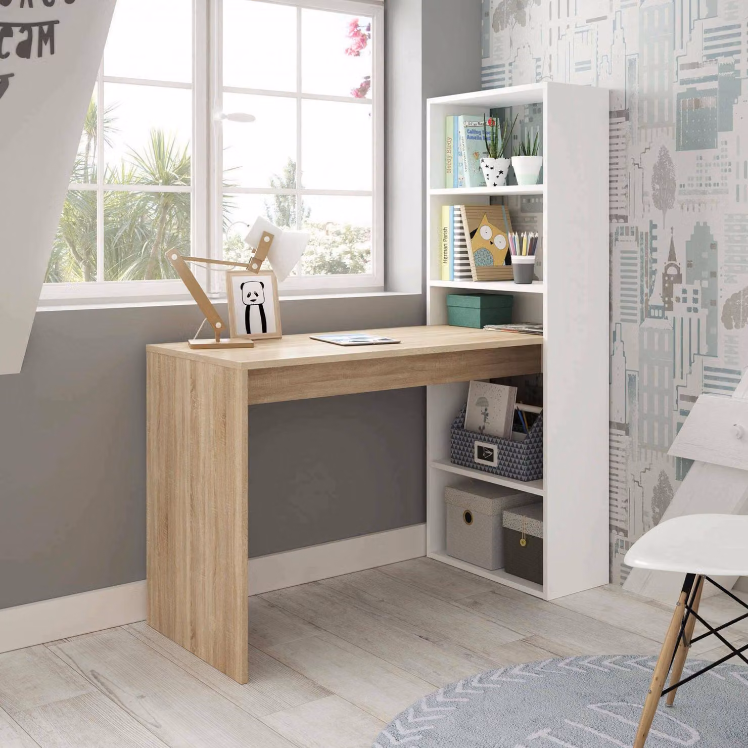 Dmora Scrivania Ali 53x120x144h cm Bianco Opaco, Modulabile con Libreria