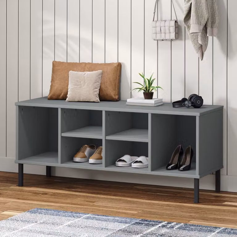 Scarpiera OSLO vidaXL in legno massello di pino e metallo, Grigio, L 106 x P 35 x H 45 cm