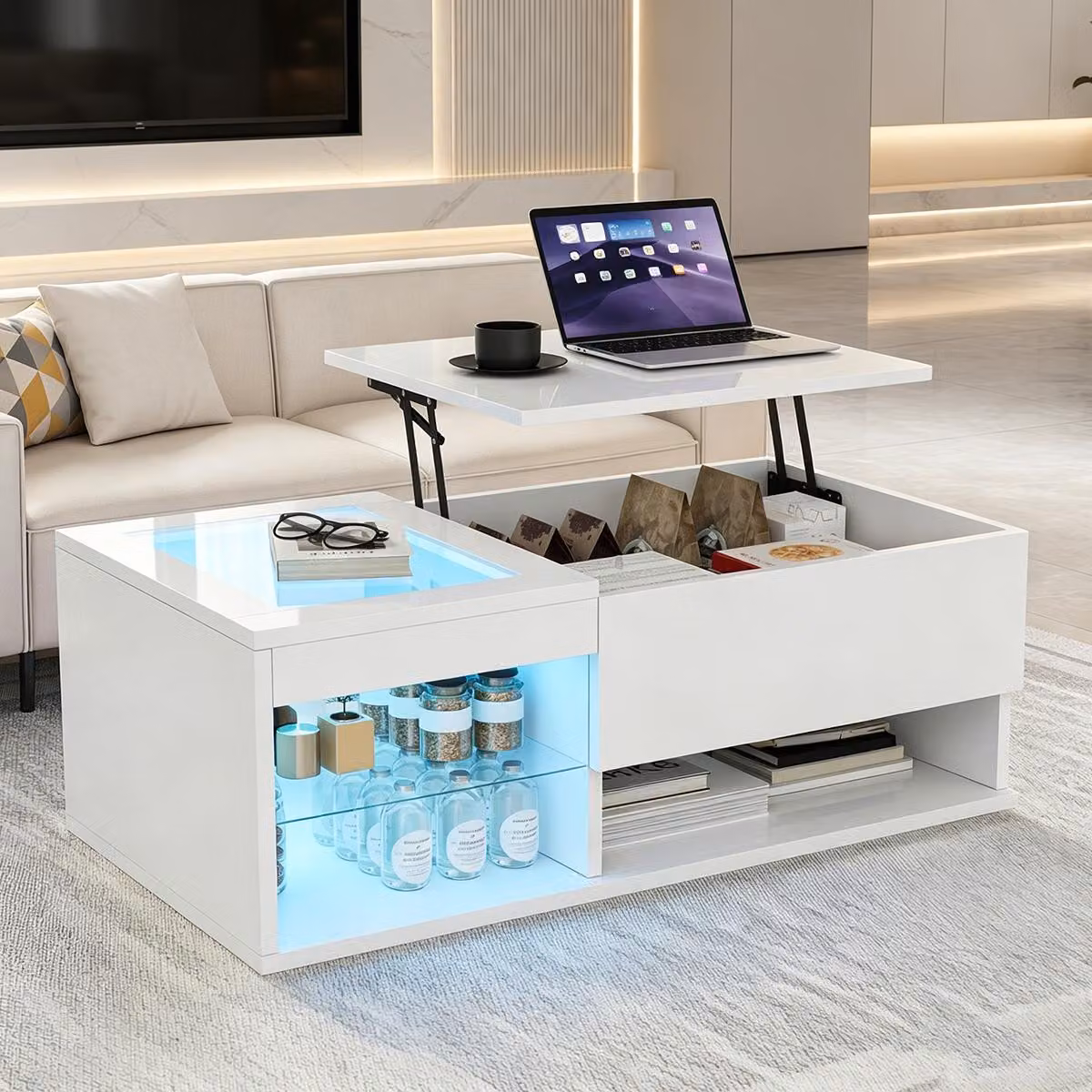 Tavolino da caffè INONEFT con spazio contenitivo nascosto, tavolino laterale con LED, tavolino da divano regolabile in altezza, bianco.
