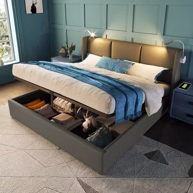 Letto Contenitore REDOM in Finta Pelle Grigio con Luce da Lettura e Ricarica USB L/P: 140 x 200 cm