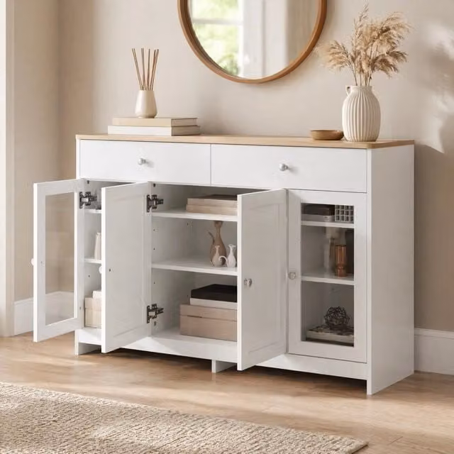 Credenza 120x37x80 cm bianca effetto legno – 4 ante, 2 cassetti, ante in vetro