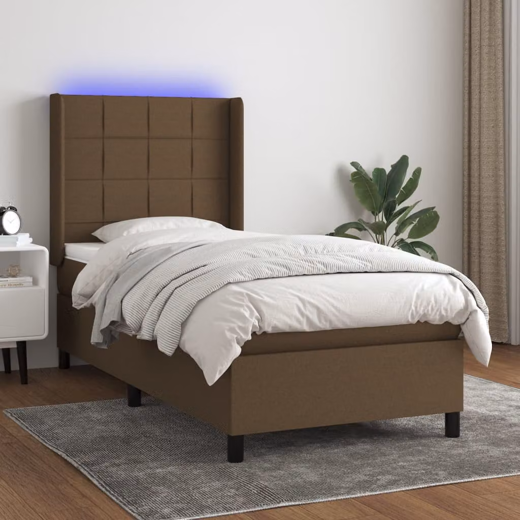 Letto a molle con testiera in tessuto marrone vidaXL con illuminazione LED sottostante e porta USB, L/P/H: 90 x 200 cm