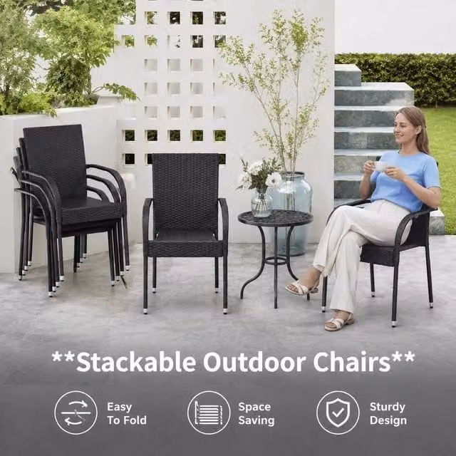 Stackable Garden Chairs, 6 Pieces, Poly Rattan, Black