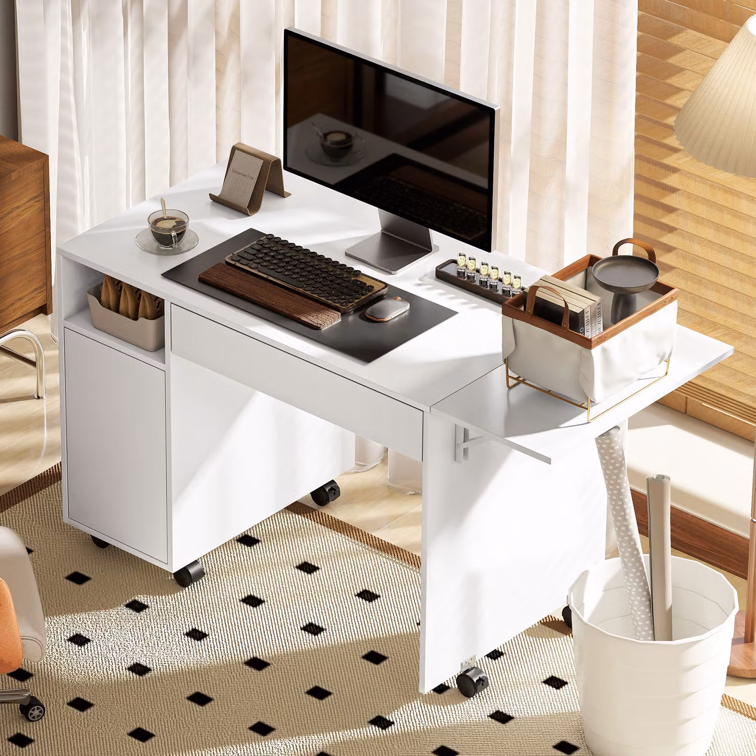 Scrivania per computer HOMCOM con ribalta, cassetto e armadietto su ruote, bianco, L: 130 cm, P: 58 cm – 2