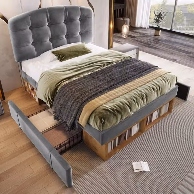 Letto singolo imbottito 90x200 in velluto grigio con rete a doghe; cassetti e testiera regolabile