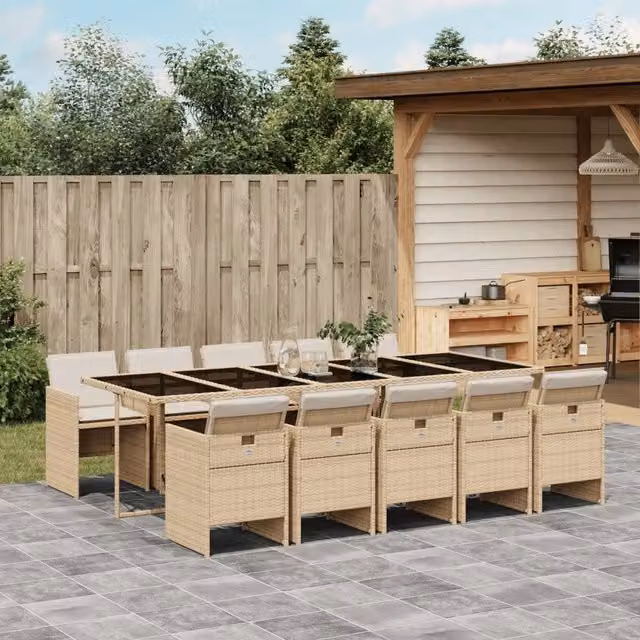 Set da pranzo da giardino vidaXL in polyrattan con cuscini beige e piano in vetro, 11 pezzi – 1