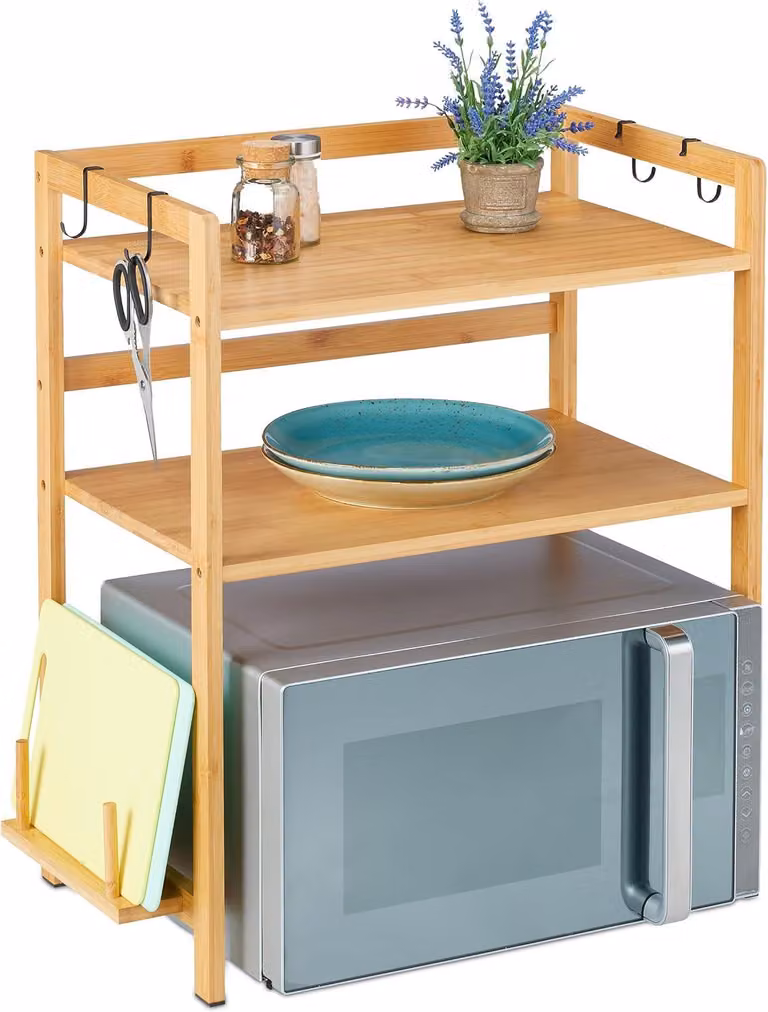 Ripiano magnetico - 67 x 61 x 35 cm - Bambù - 2 ripiani - Porta tagliere - 4 ganci - Portaoggetti da cucina - Naturale