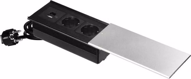 Presa di corrente per mobili con coperchio scorrevole, 2x2P+Z (Schuko), USB A+C, argento