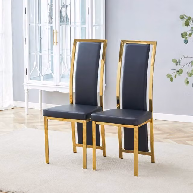 Set di 2 sedie da pranzo WISHDOR in ecopelle nera con struttura metallica oro, schienale alto 109 cm
