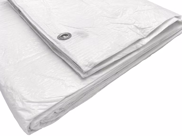 2 teloni impermeabili, bianchi, di dimensioni 3 x 5 metri, con anelli metallici
