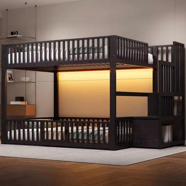 Letto a castello con scala contenitore e LED, 140x200 cm, nero