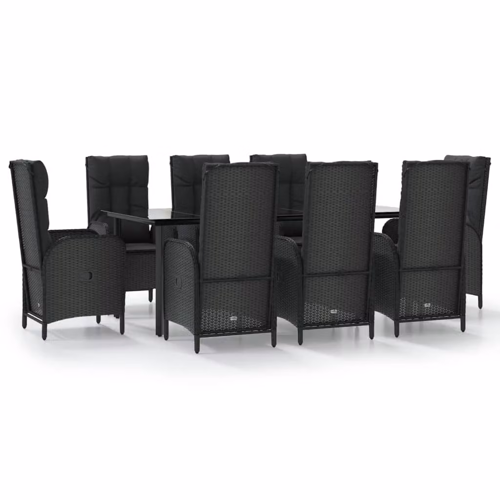 Set da Pranzo da Giardino 9 pz con Cuscini Nero in Polyrattan