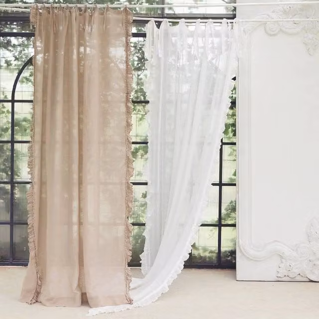Tenda Lunghe in Lino Shabby Chic con Balze Eleganti Avorio Blanc Mariclo