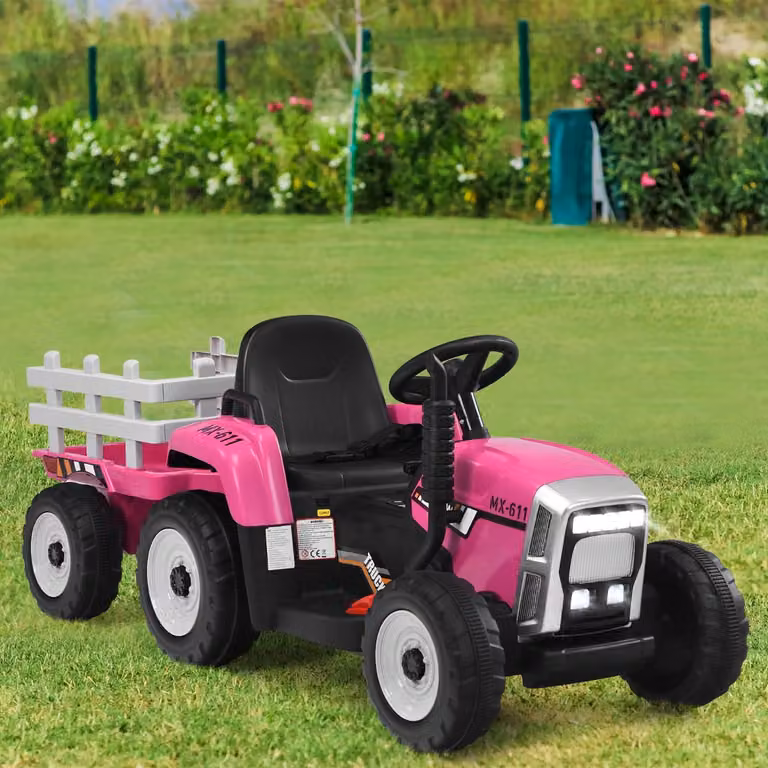 Trattore elettrico giocattolo con rimorchio Costway per bambini, 12V, Rosa, con luci LED, musica e clacson
