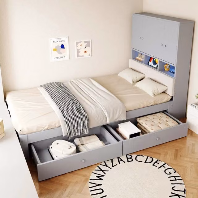 Letto singolo 90x200 cm multifunzione salvaspazio in legno con testiera imbottita; cassetti; LED e presa; grigio
