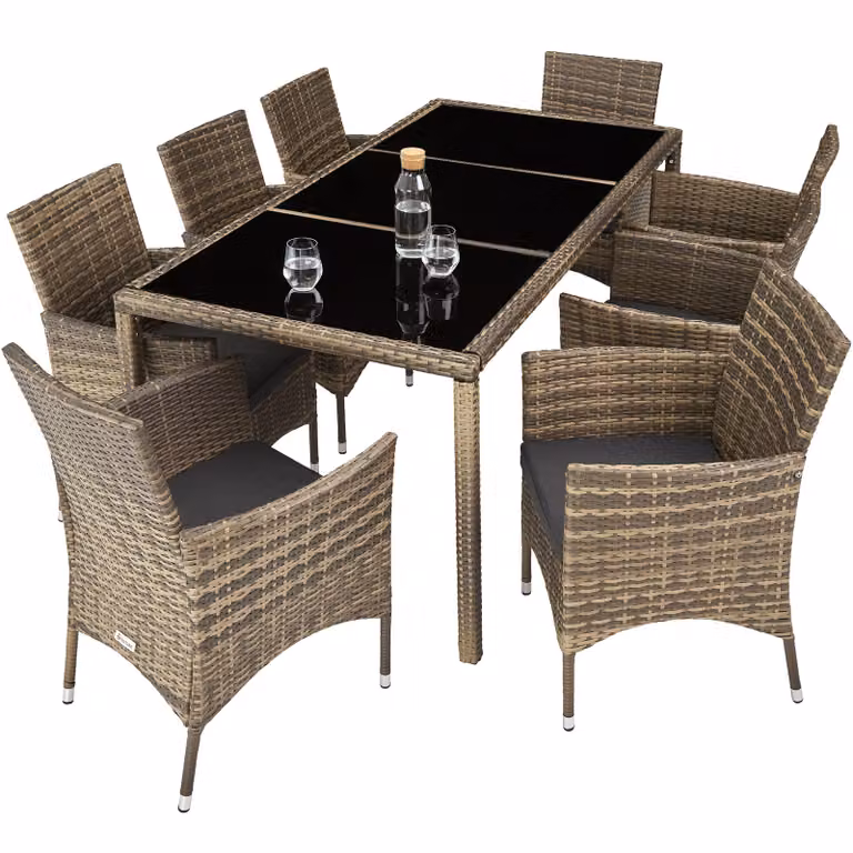 Set da giardino moderno TecTake in polyrattan e metallo, 8+1 pezzi, beige e grigio