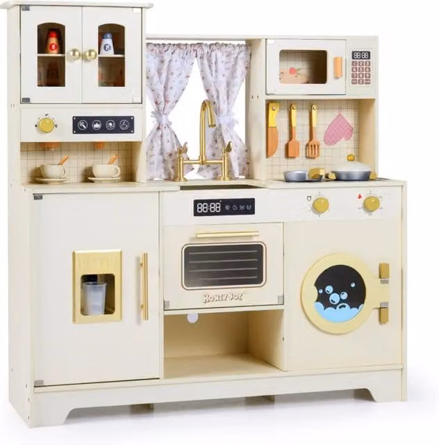 Cucina giocattolo in legno di faggio HELLOSHOP26 beige con 14 accessori, design scandinavo, L/P/H: 95 x 32 x 96 cm
