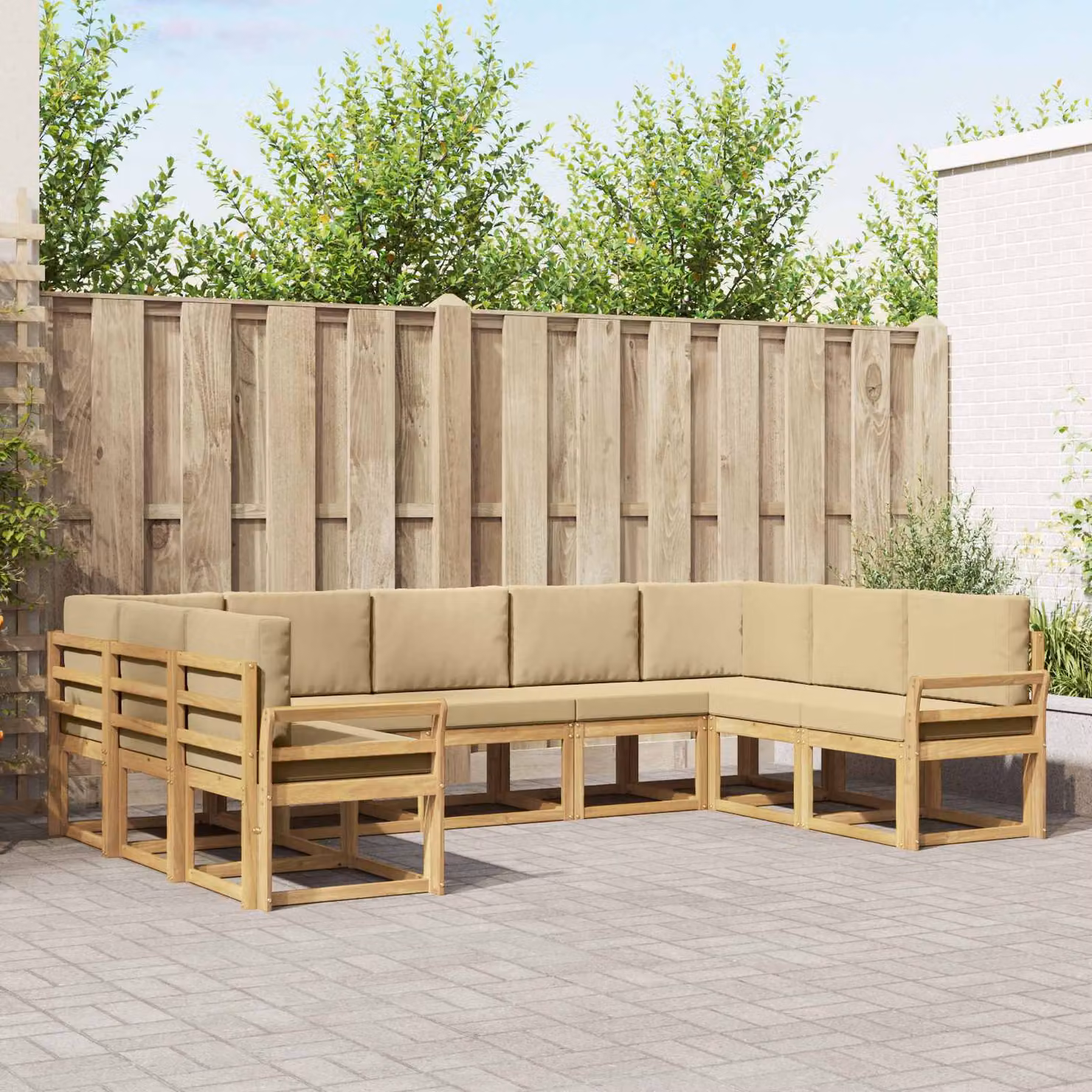 Set di divani da esterno moderno vidaXL in legno di acacia con cuscini in poliestere, 9 pezzi, Bianco e Beige