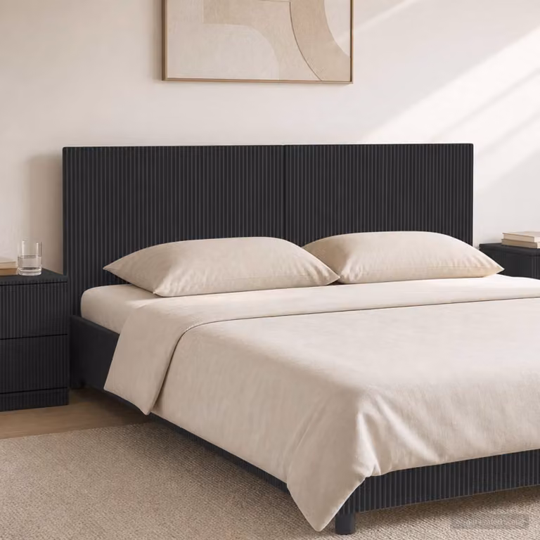 Testiera da muro vidaXL ARNHEM nera in legno ingegnerizzato con ripiano integrato e scomparti laterali L: 160 cm, H: 50 cm, P: 3 cm