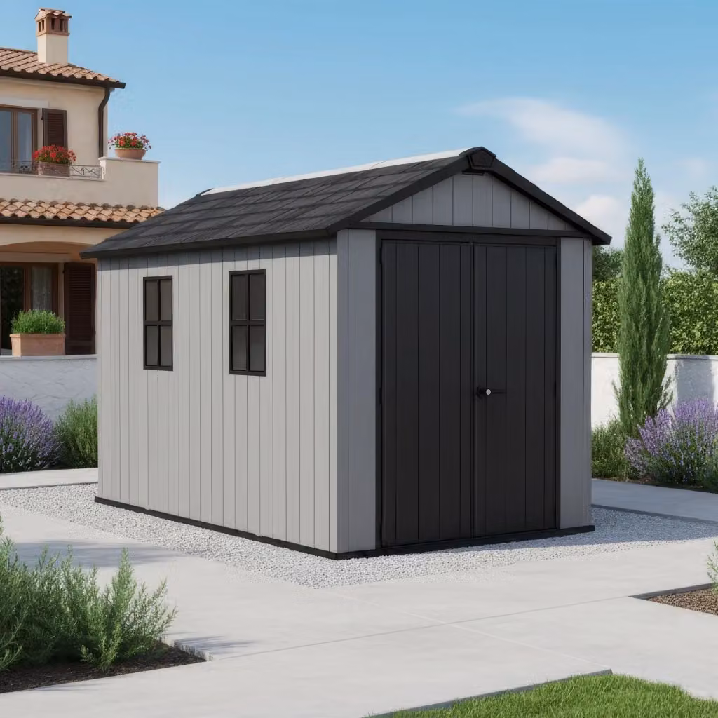 Casetta da Giardino Keter Newton 7511/1175 in Resina con Doppia Anta per Deposito Attrezzi, Finitura Effetto Legno Evotech+, Grigio e Nero, L/P/H: 350 x 246 x 230 cm – 2